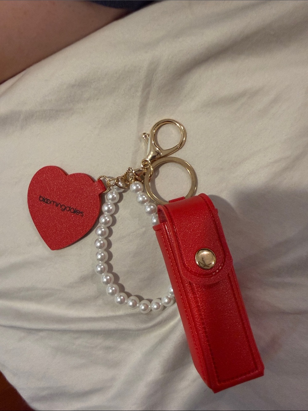 Bloomingdale's Red Pearl Heart Key & Card Holder with Gold Hardware